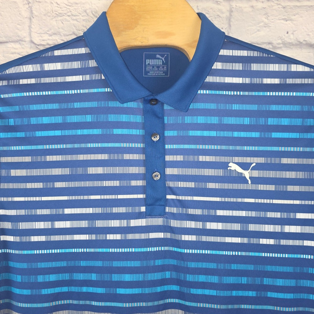 Puma Golf Men Blue Striped DryCELL Performance Polo Shirt‎ Short Sleeve Size 2XL